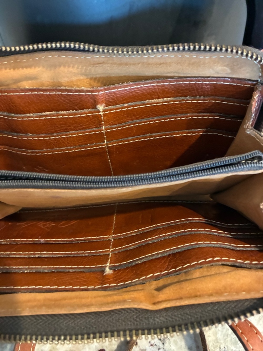 Patricia Nash Brown Leather Crossbody with Burgundy & Olive Accent - Picture 4 of 5
